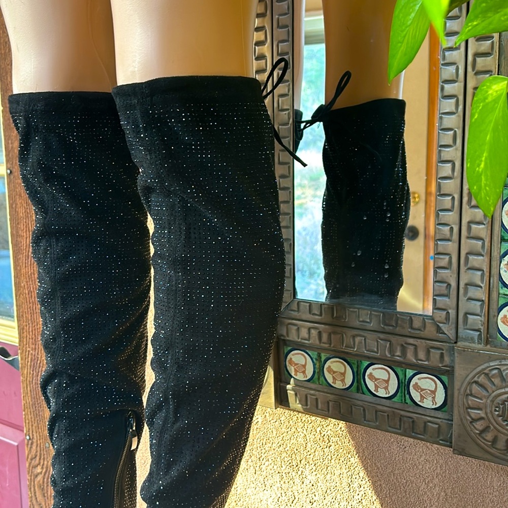 90’s Fashion Forever Thigh High Women’s Boots Suede Rhinestone Studded Size 9 - Picture 7 of 15